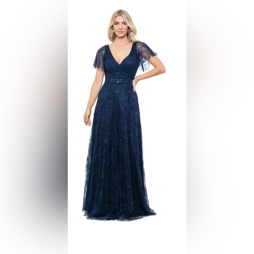 Betsy & Adam V-Neck Short-Sleeve Sequined Lace Dress Women's 8 Navy Back Zip NWT